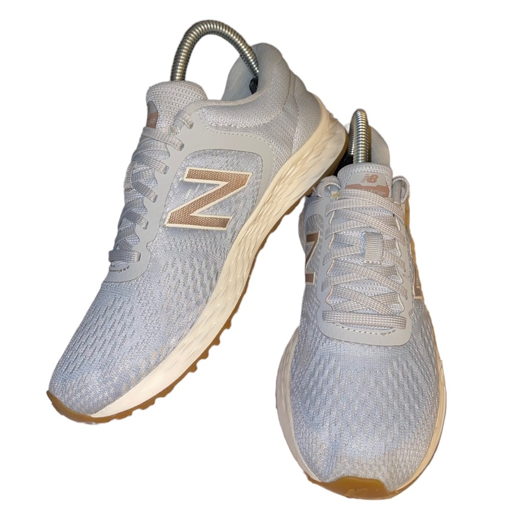 New Balance Women's Light Gray and Cream Running Sneakers with Tan Logo Accents